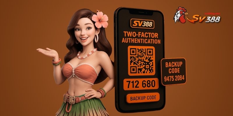 Giao diện bật xác thực hai lớp (2FA) trên tài khoản SV388 với mã QR và mã backup.
